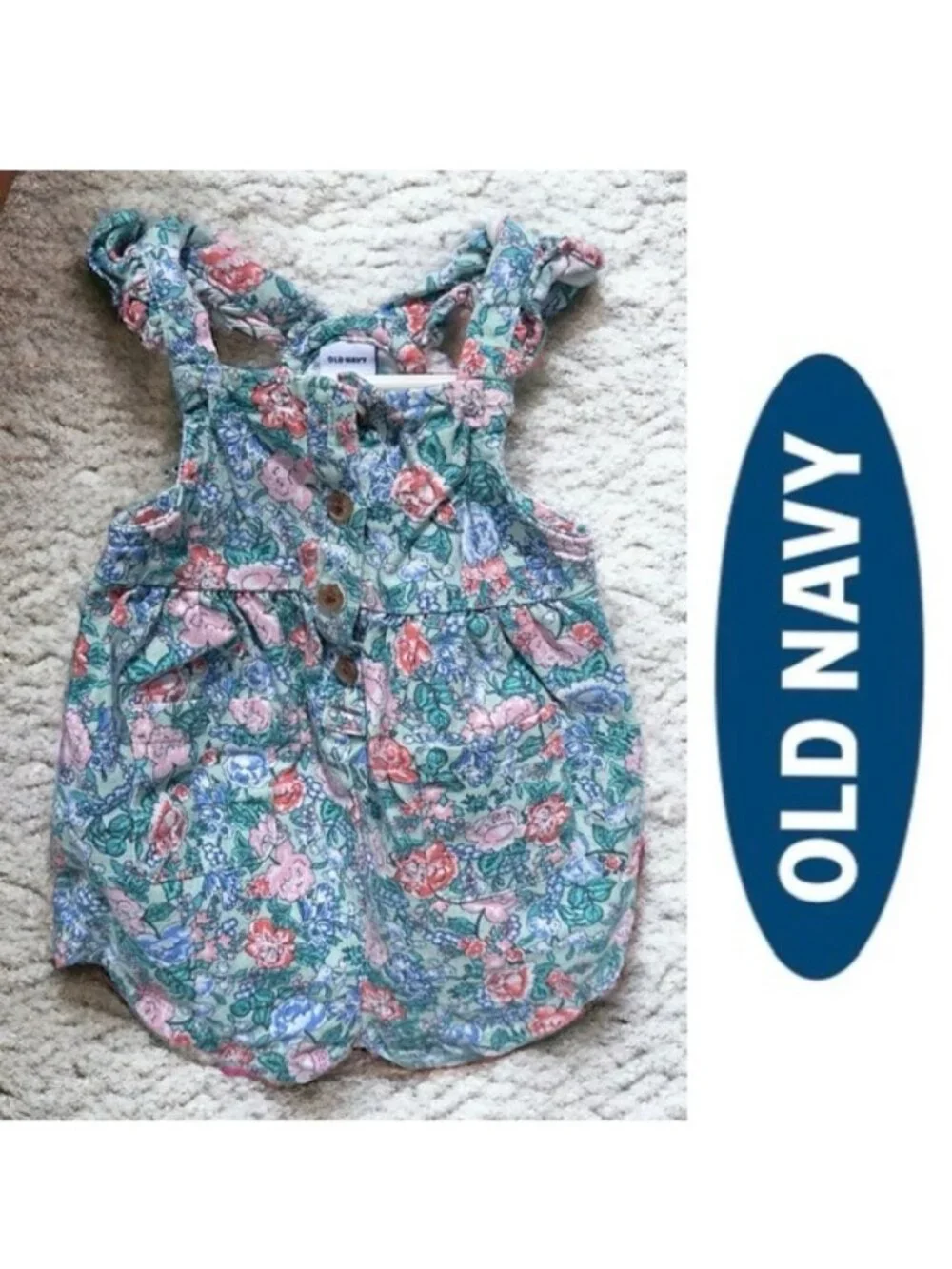 Old Navy | Green and Pink Floral Ruffle Overalls | Size 0-3 Months