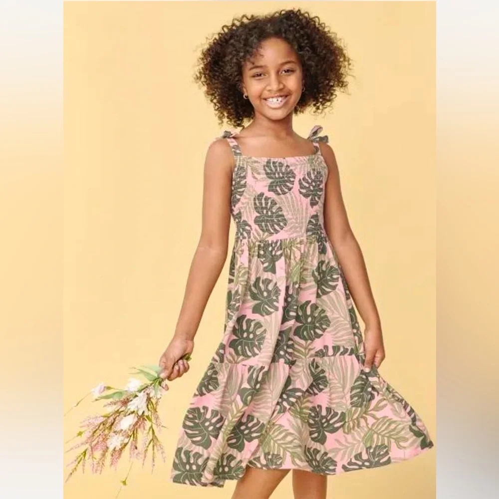 Children’s Place Girls Size‎ 7/8 Tropical Monstera Pink Green Summer Dress