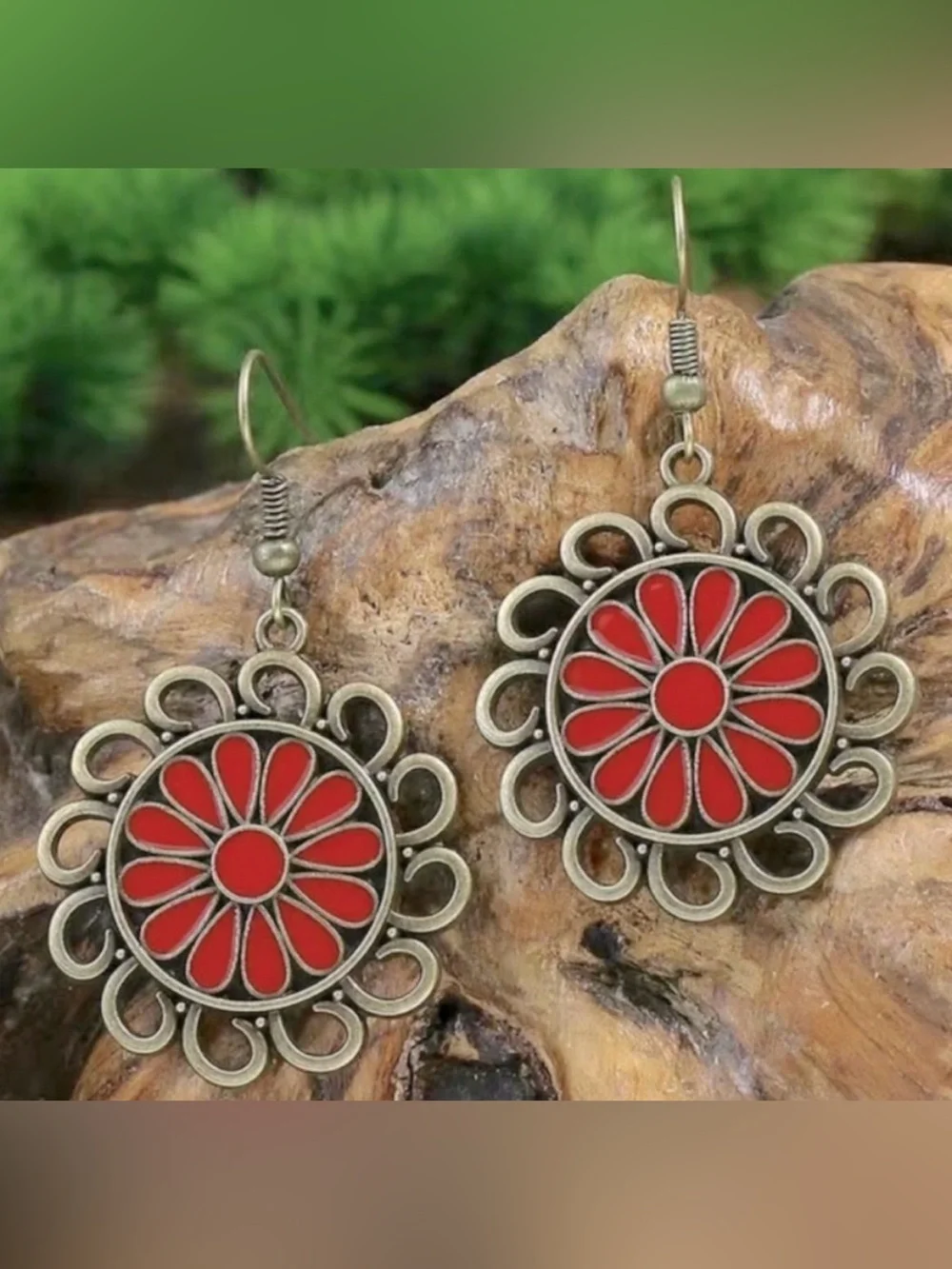 Red Enamel Flower Dangle Earrings Boho Antique Silver Tone