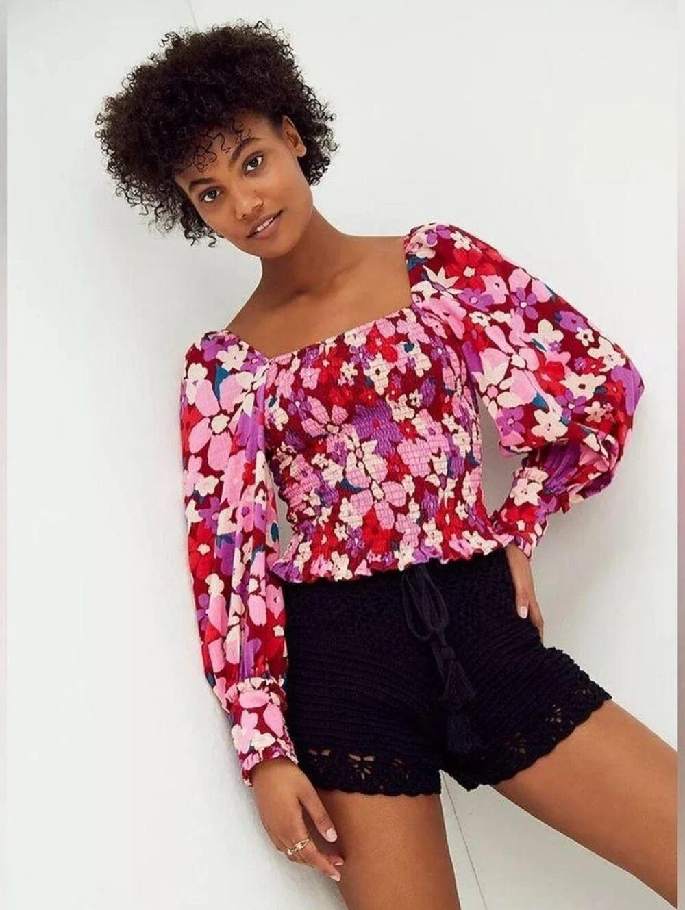 Free People Ariana Smocked Floral Puff Sleeve Crop Top Blouse Party Combo -Sz M