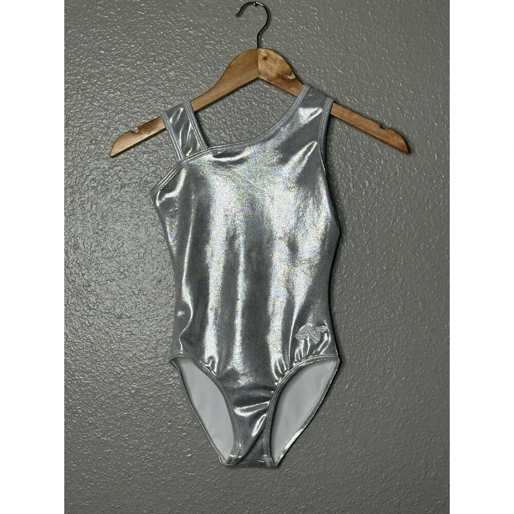 Alpha Factor Youth Medium Silver Foil Leotard New Gymnastics Dance