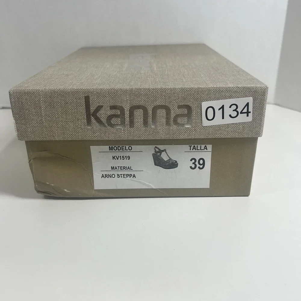 KANNA Women Brown Leather T-Strap Espadrille Wedge Sandals KV1519 Size 9 EU 39