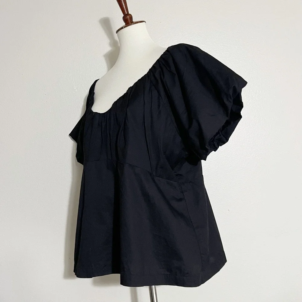 Old Navy Waist-Defined V-Neck Puff Sleeve Smocked Back Cotton Top Black Size XXL