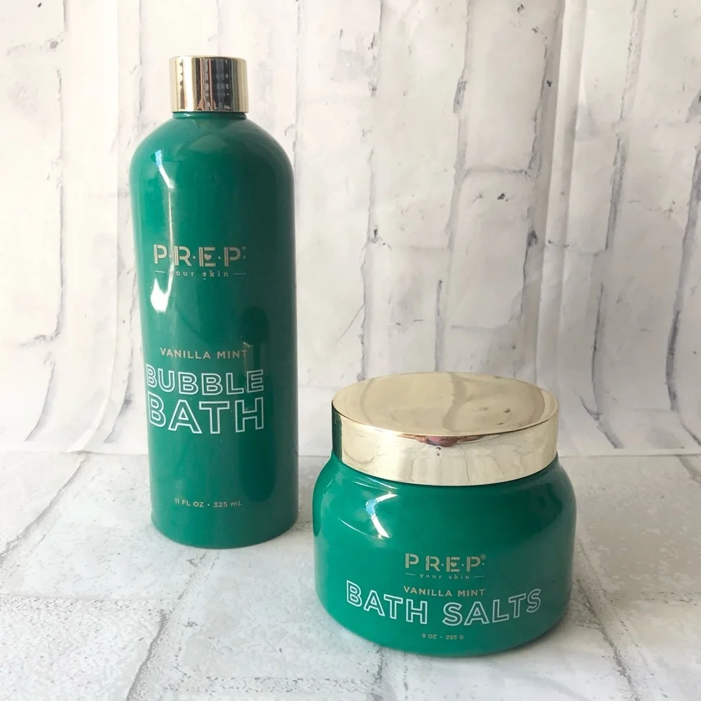 PREP Your Skin Vanilla Mint Bath Set Bubble Bath 11oz & Bath Salts Scrub 9oz