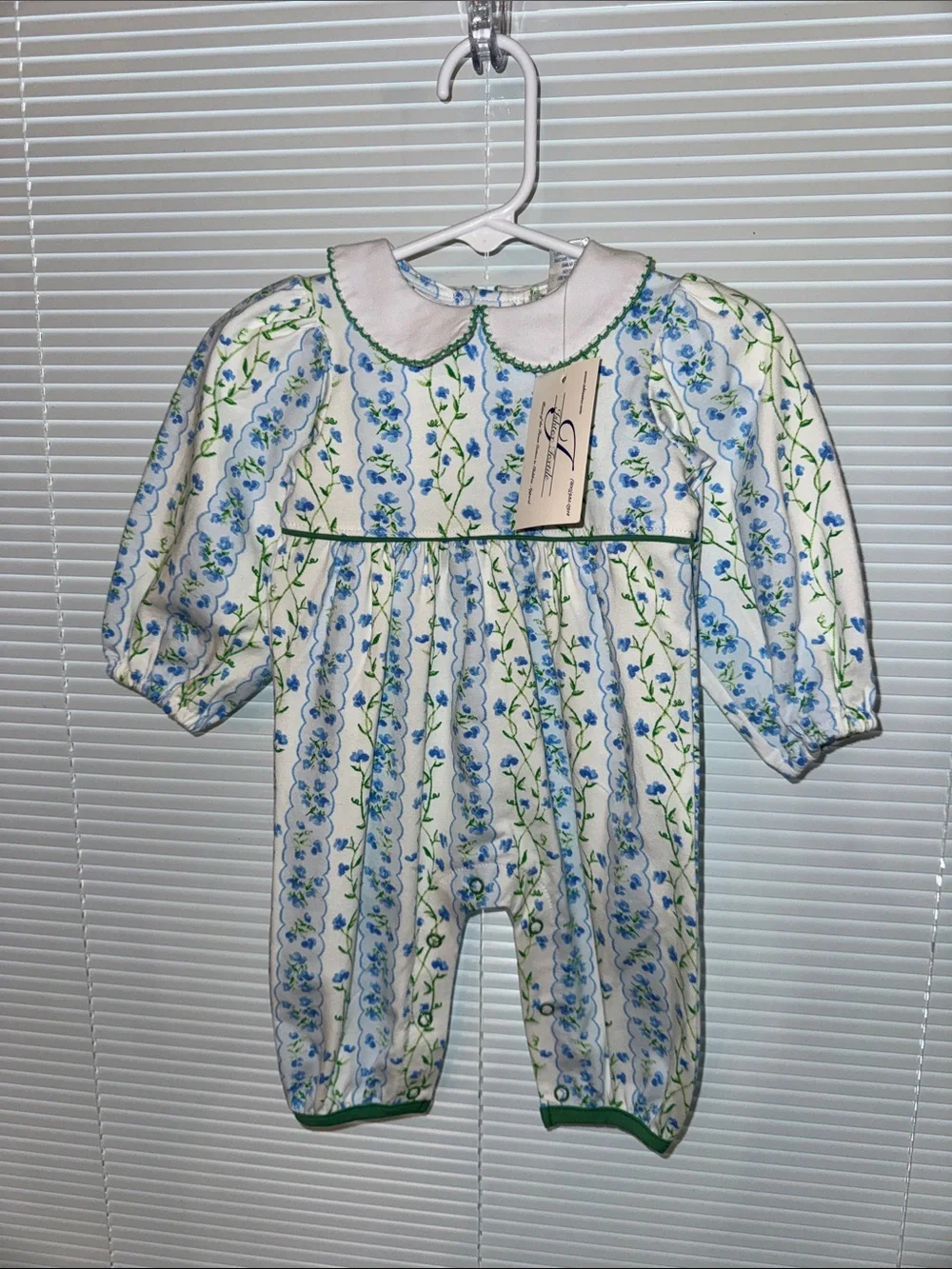Classic Blue Floral Baby One-Piece with Peter Pan Collar