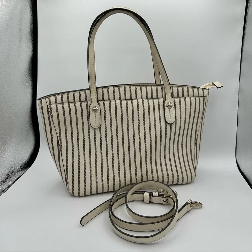 Henri Bendel West 57th Striped Domed Satchel Ivory Grey Stripe Gold Hardware