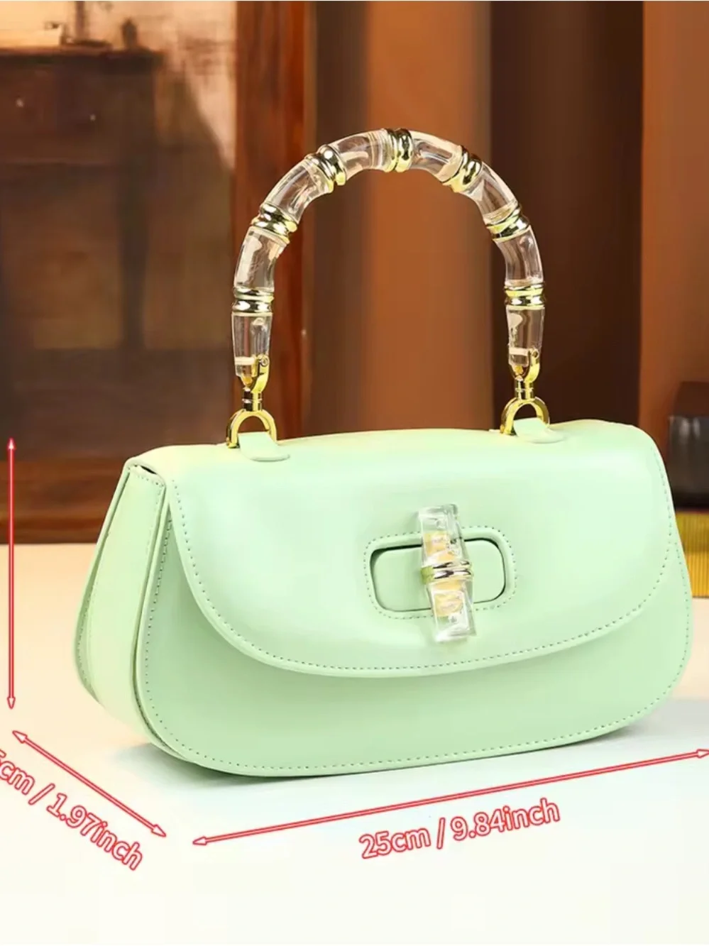 Mint Green Women’s Top-Handle Bag with Clear Bamboo Handle