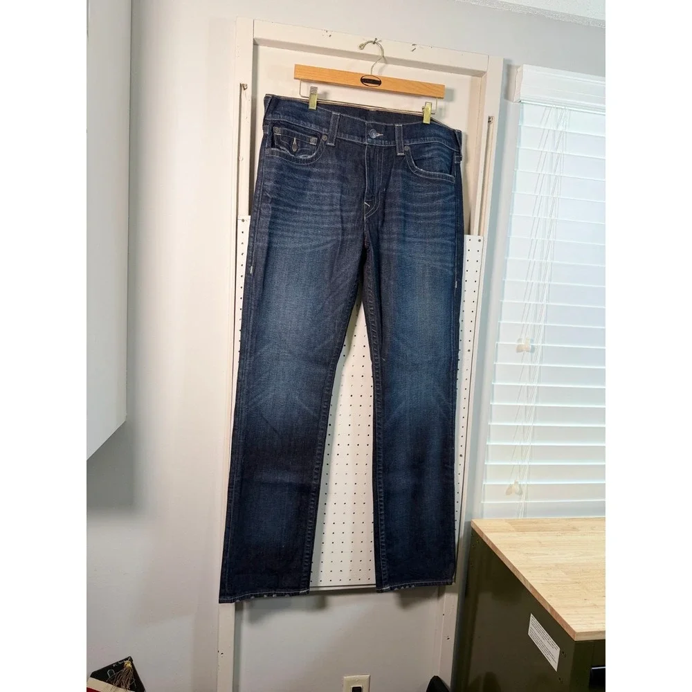True Religion Ricky Relaxed Straight Jeans Mens Blue Denim Stretch Mid Rise - 36