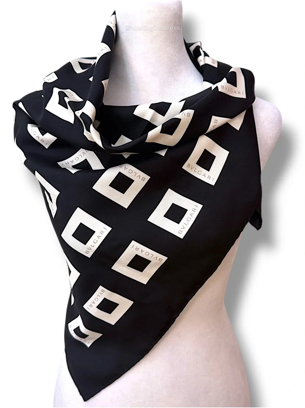 BVLGARI Vintage Quadrato Silk Scarf Black Cream Copper Geometric Square 90cm