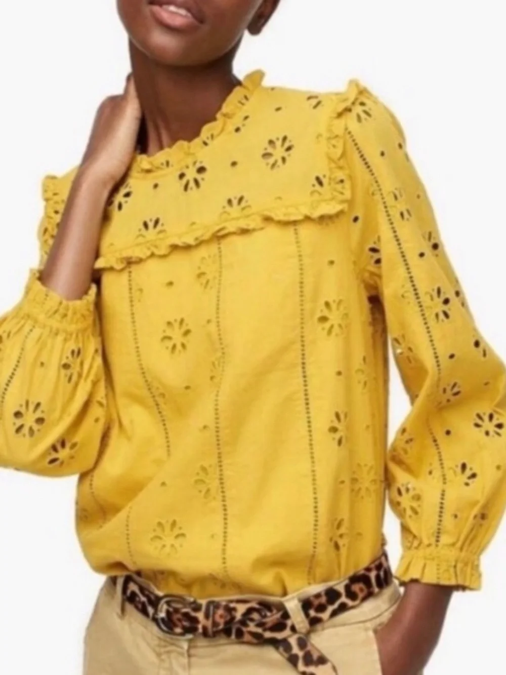 J. Crew Mustard Eyelet Long Sleeve Top | Blouse. Women’s Sz-XS Poetcore | Ruffle