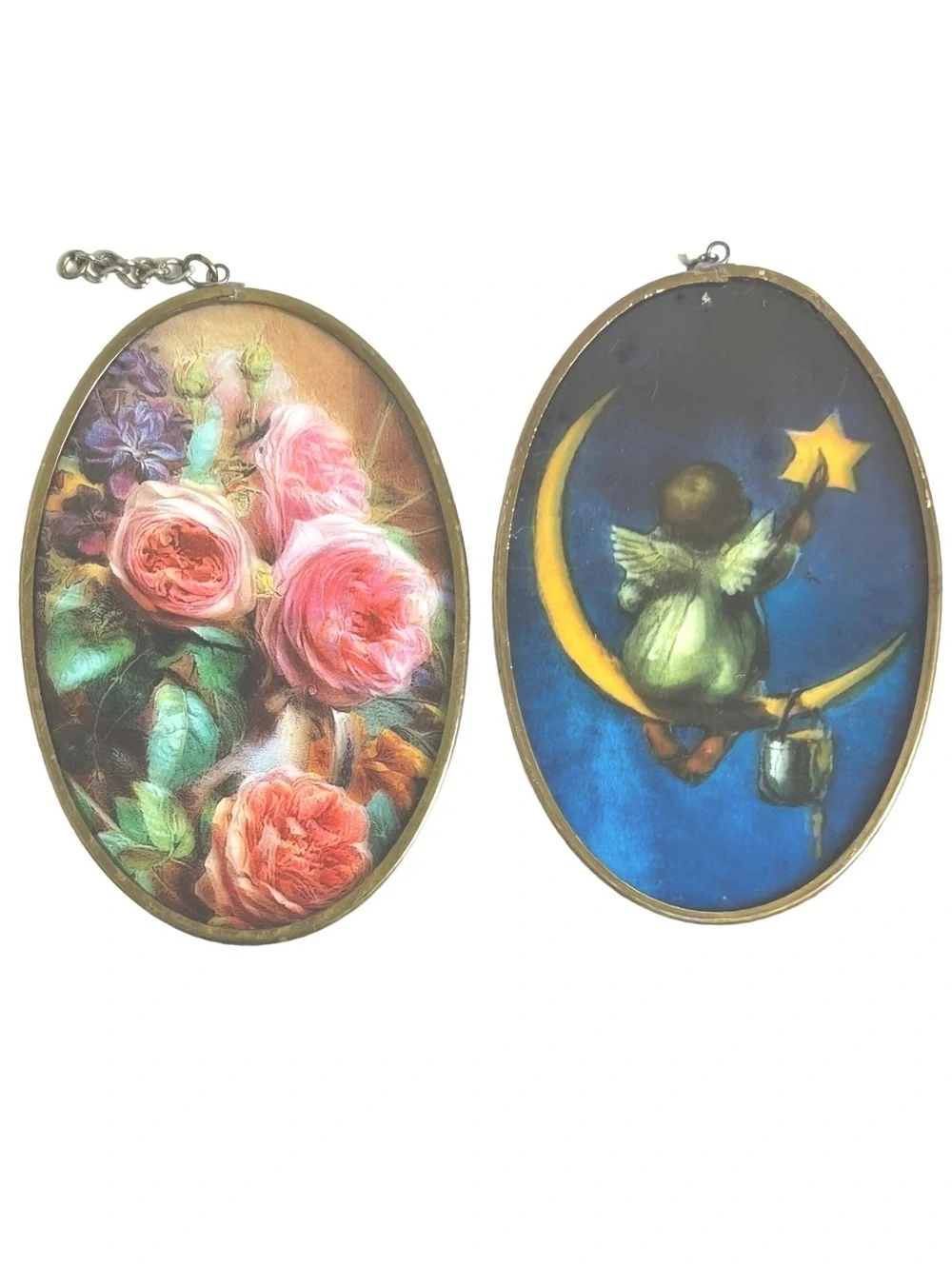 Vintage Oval Hanging Wall Plaques - Angel on Moon & Floral Bouquet
