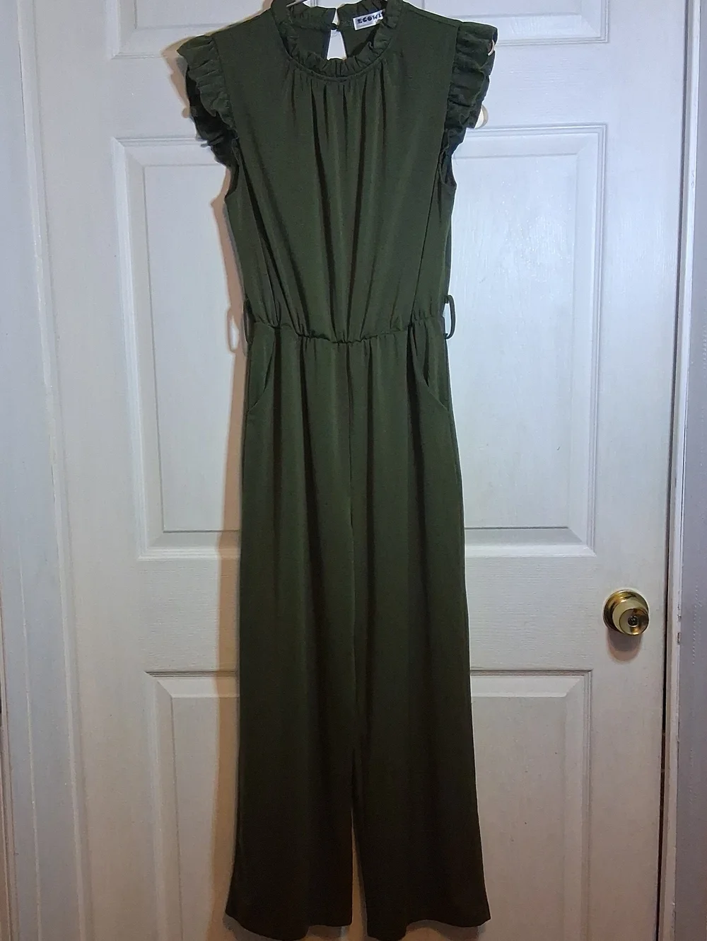 Ecowish Olive Ruffle Sleeve Wide-Leg Jumpsuit
