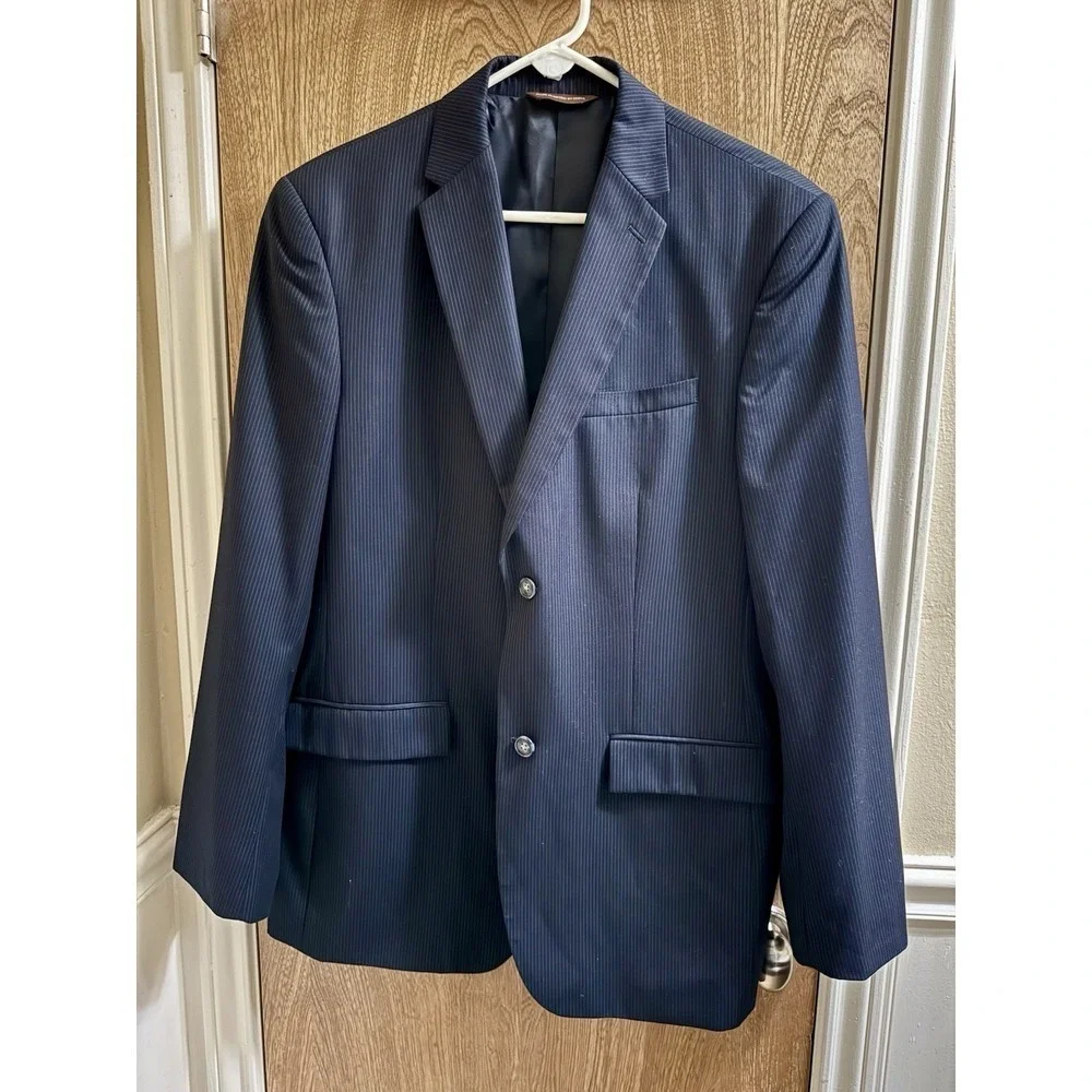 Perry Ellis Men's Suit Blazer Navy Blue With White Stripes 44R Dapper Chic Glam