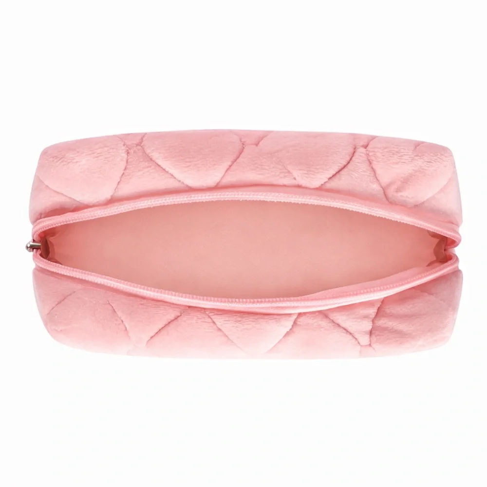 Pink Fuzzy Heart Quilted Makeup Bag Cosmetic Travel Pouch