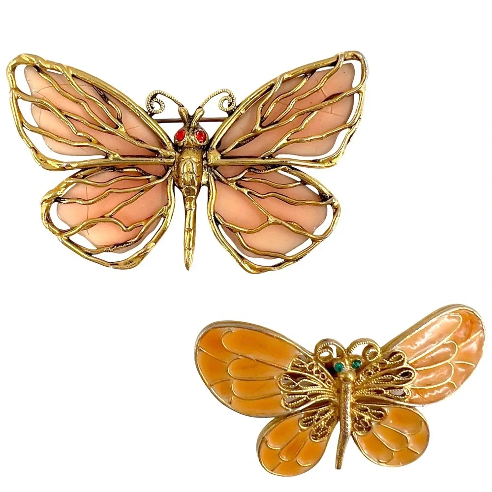 Vintage Butterfly Brooch Set Gold‎ Tone Peach Pink Enamel Rhinestone 2pc