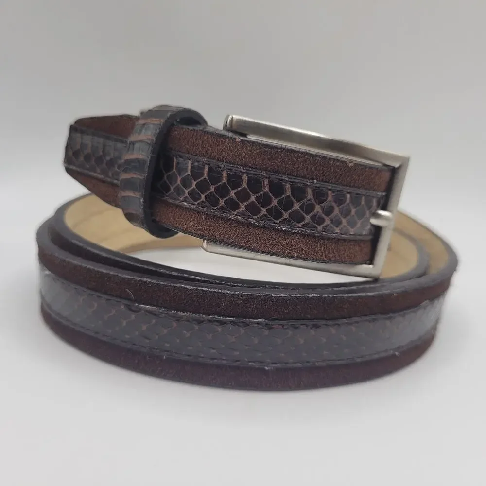Calvin Klein Belt Mens XL Brown Leather‎ Snake Embossed Silver Buckle Dress