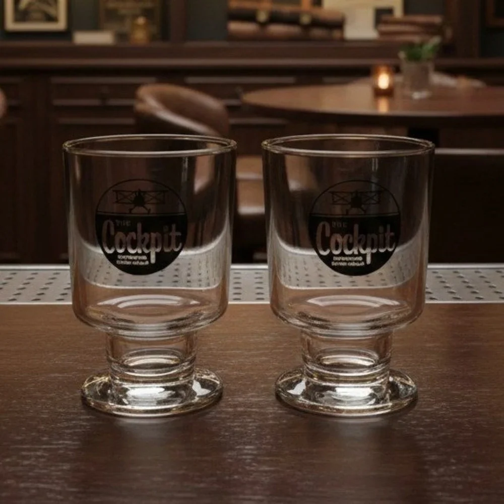 Cockpit Ale Beer Clear Pedestal Glasses, Set‎ of 2, Vintage Memphis Memorabilia