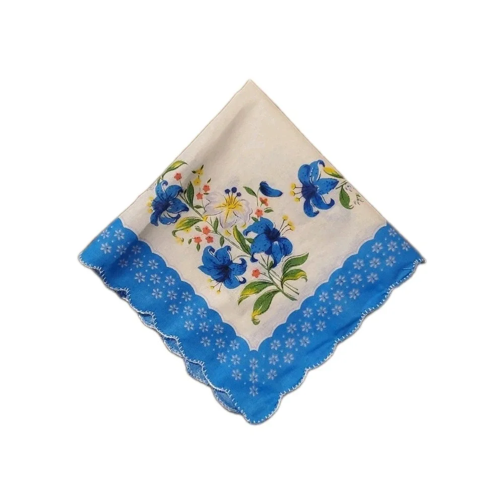 Linen Blue‎ Lily Floral Handkerchief Scalloped Cottage Core Bridesmaid Granny