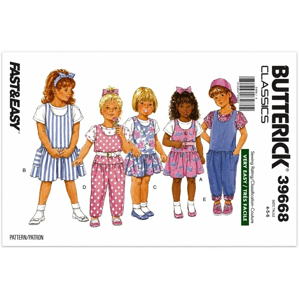 Butterick 3968 Child's Top, Drop-Waist Jumper, Tapered Leg Jumpsuit Sz 4-6 Uncut