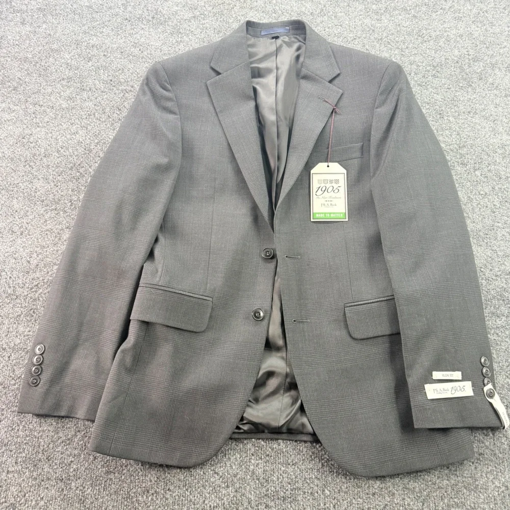 Jos A Bank 1905 Blazer Slim Fit Merino Wool Stretch Sport Coat dark‎ Grey Plaid