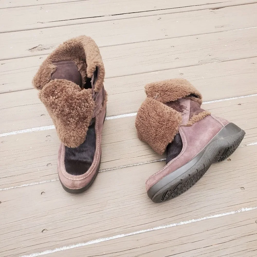 Vintage 90s y2k Tecnica Brown Suede Leather Shearling‎ Cuff Goat Hair Ski Boots