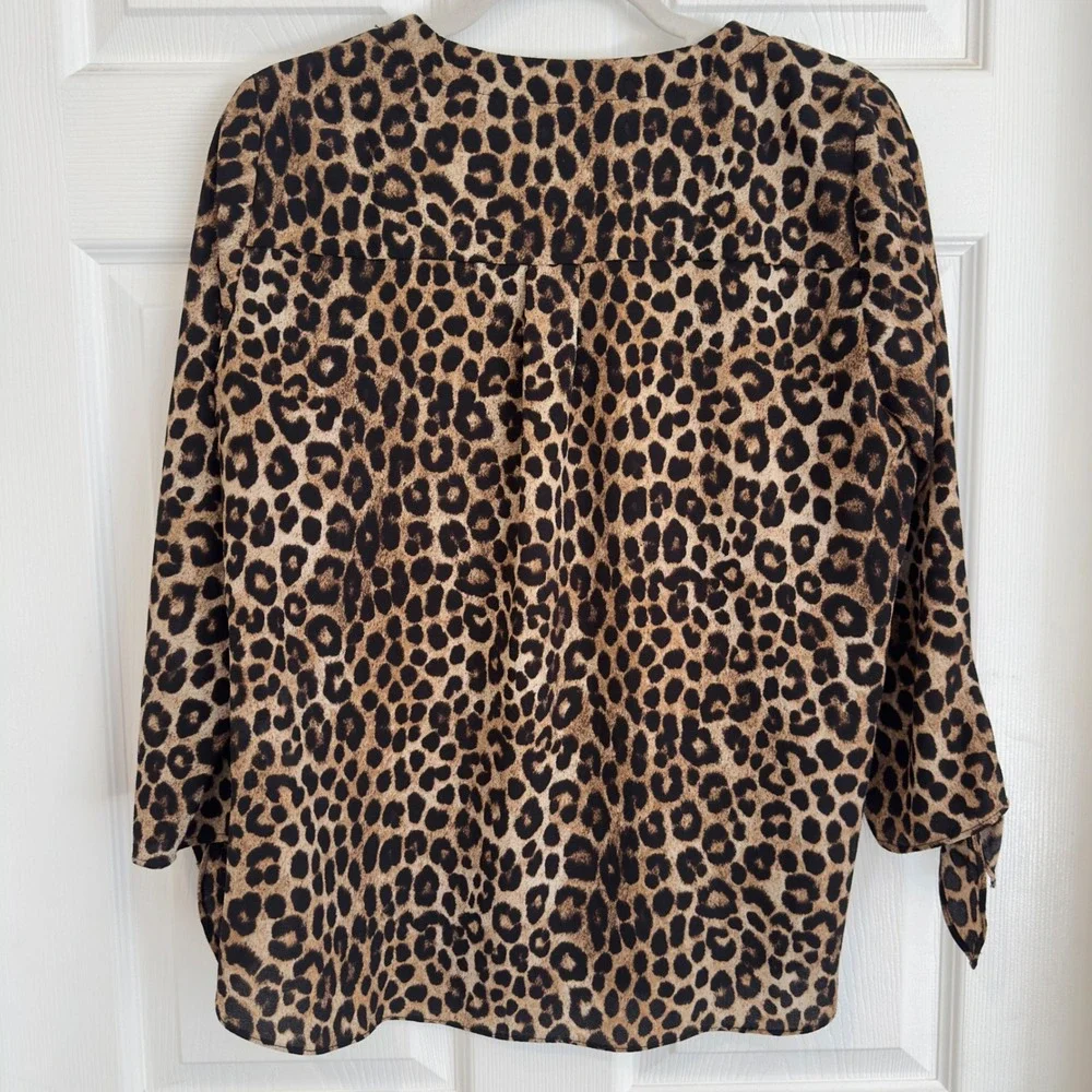 Michael Michael Kors Leopard Print V-Neck Blouse with Tie Cuffs Brown Black M