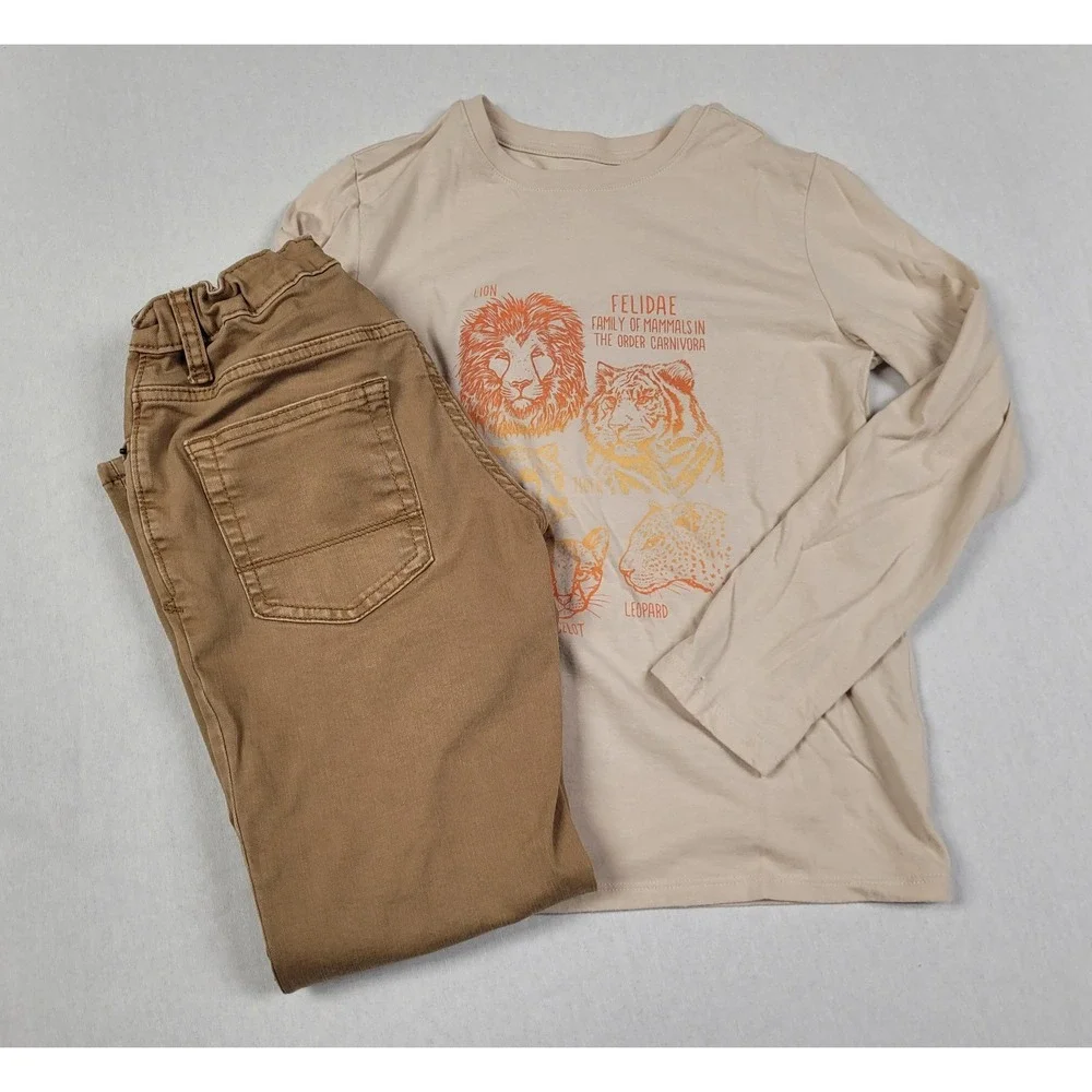 Cat & Jack Boys Beige Wild Cat Graphic Long Sleeve T-Shirt & Brown Jeans Sz M 8