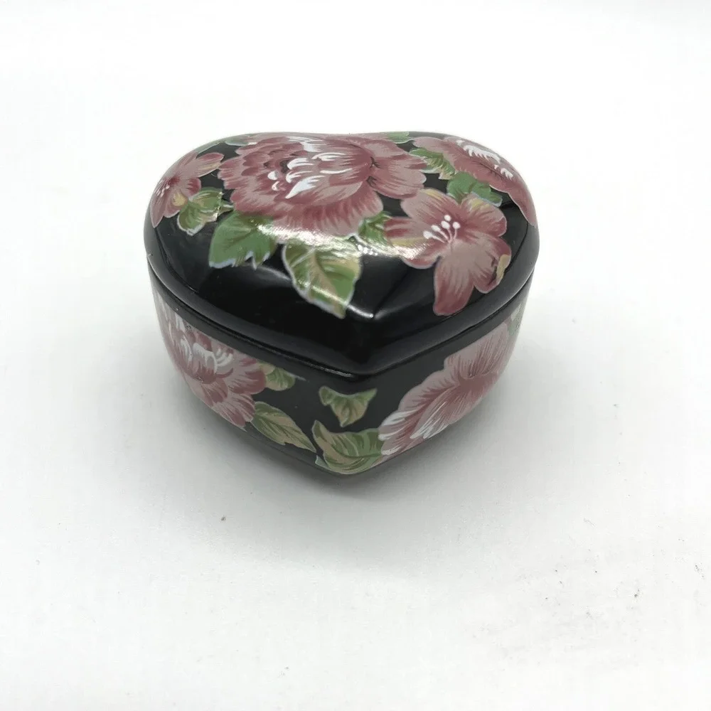 Otagiri Tavistock Floral Garden Heart Trinket Box Black Pink Roses Hinged Lid‎