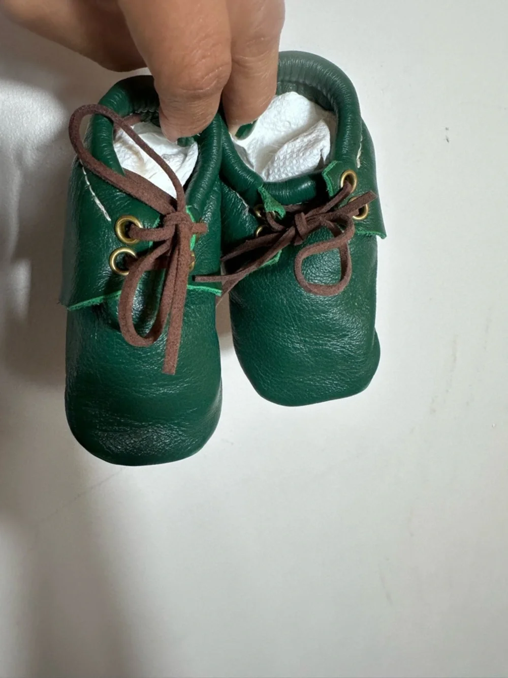 Baby Green Leather Moccasin Walker Shoes with Brown Laces