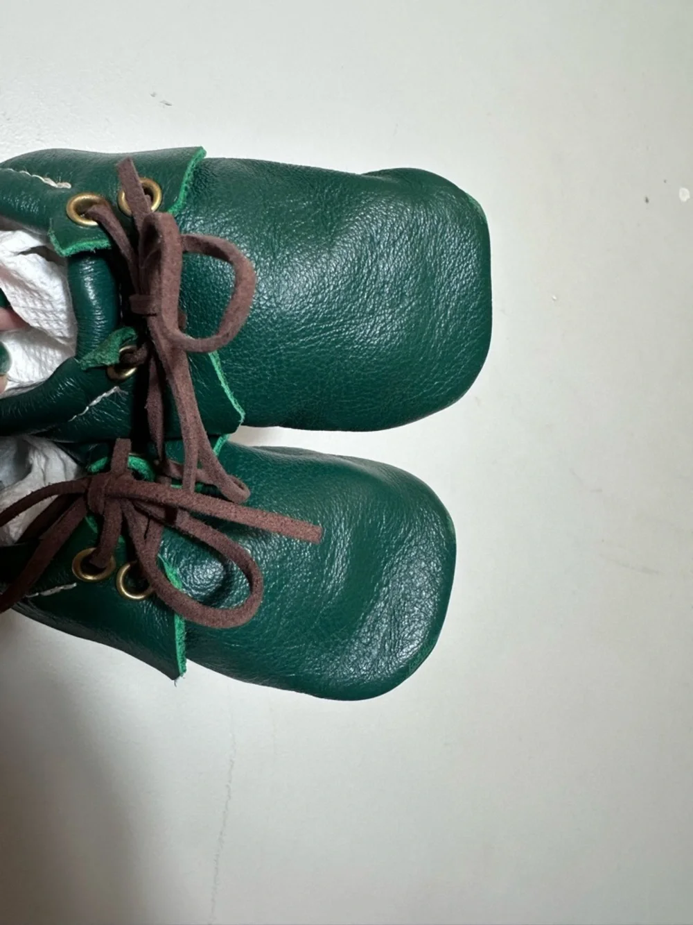 Baby Green Leather Moccasin Walker Shoes with Brown Laces