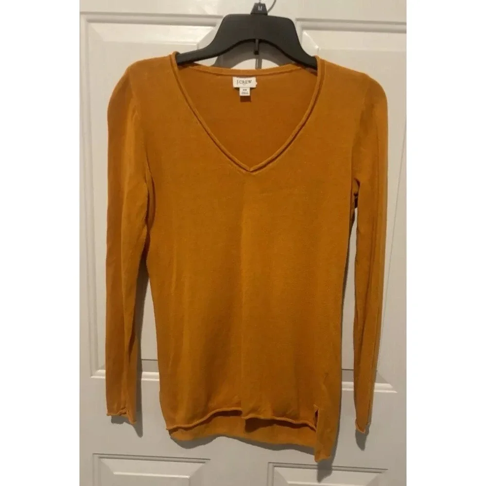 J Crew Sweater Linen Amber Yellow  Tunic Blend‎ Rolled V Neck Long Sleeve XS