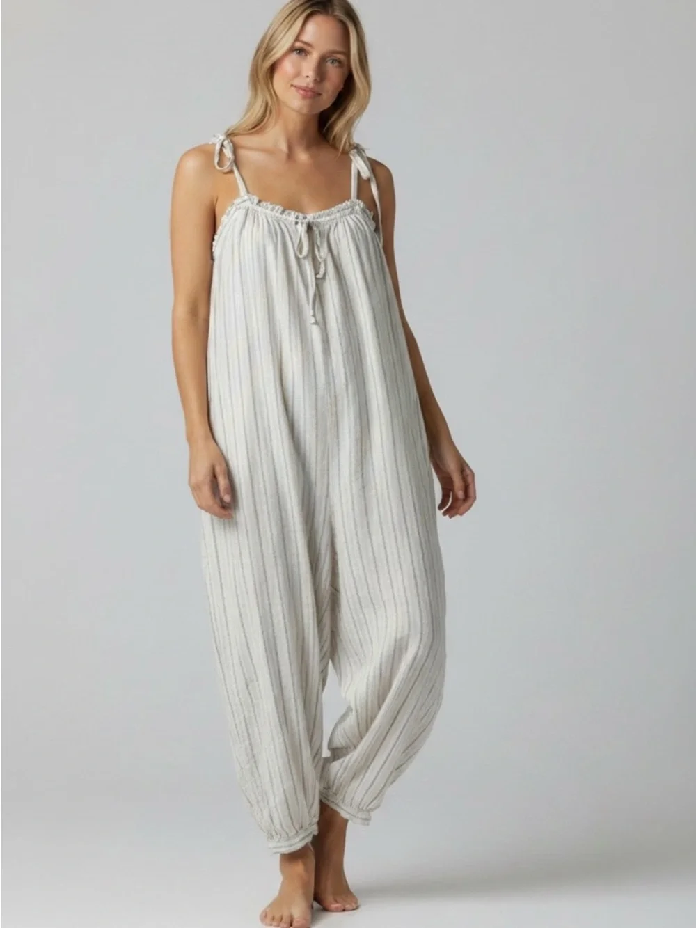 Free People Intimately Harem Stripe Linen Cotton Jumpsuit‎