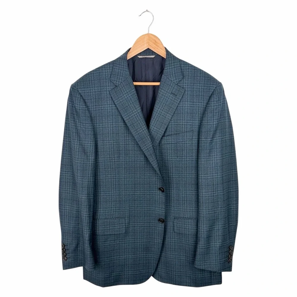 Canali Mens 44R Wool Sport Coat Blue Plaid Made Italy Blazer Jacket Notch Lapel