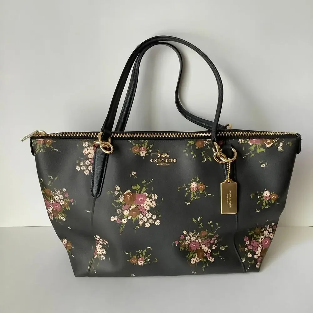 Coach Ava Crossgrain Leather Tote Bag Midnight Blue Delicate Floral Bundle Print