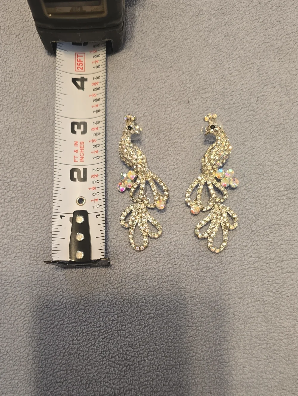 Crystal Iridescent  Peacock Drop Earrings - Silver Tone