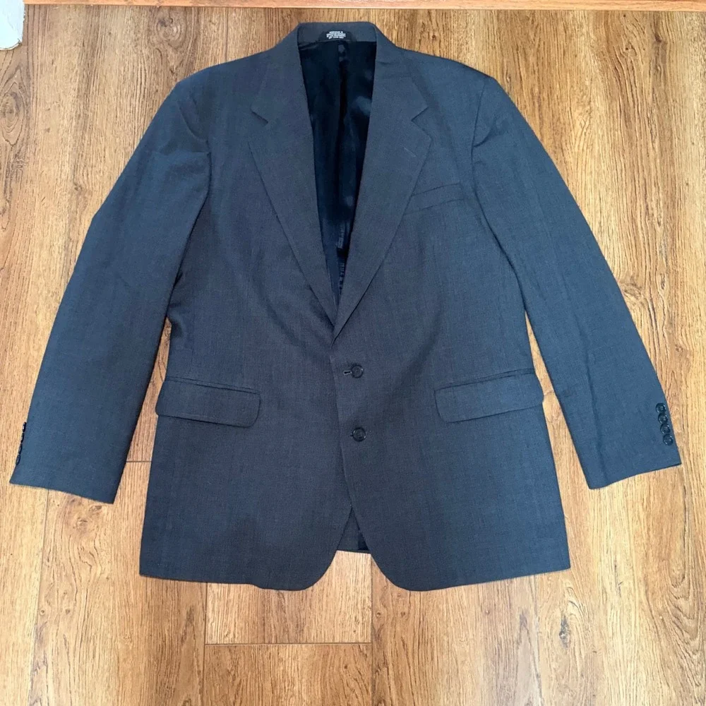 Haggar Pure Worsted Wool Blazer Mens 46L Charcoal Gray 2 Button Sport Coat Read