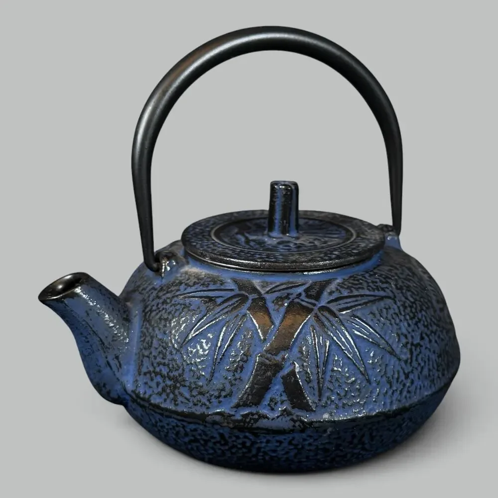 Japanese blue Cast Iron Teapot Black Bamboo Design Heavy