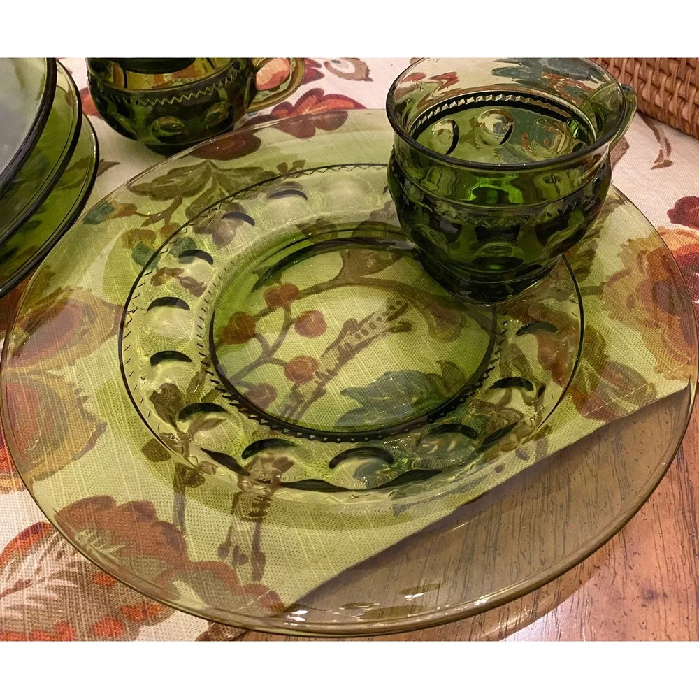 Set-of-2‎ Vintage Green Indiana Glass Kings Crown Thumbprint 8 1/2