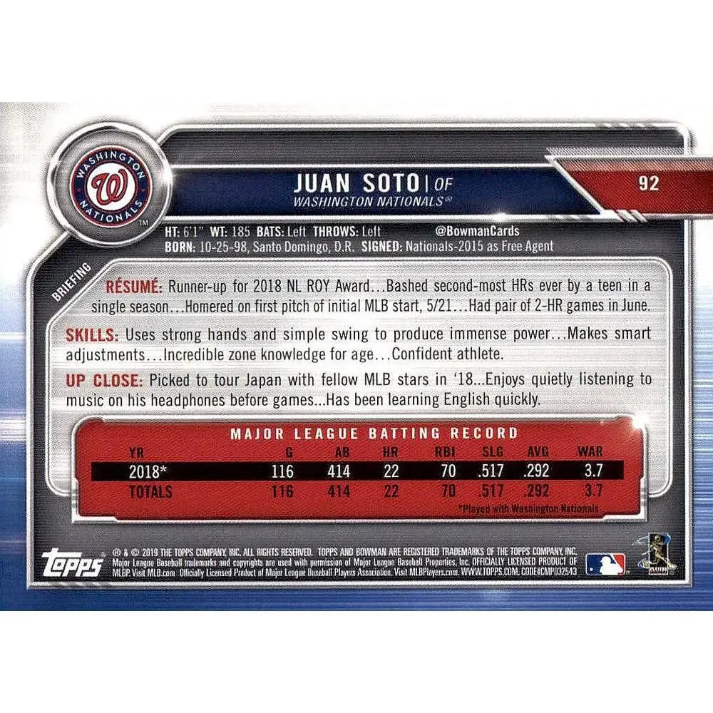 2019 Bowman Juan Soto #92 Washington Nationals