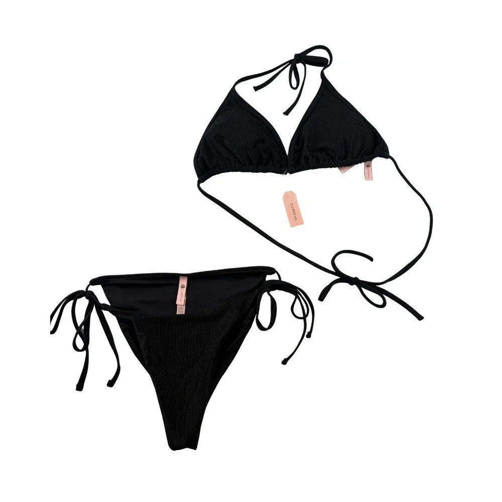 NWT Dobreva Black Ribbed Triangle Bikini Set Women's M‎ 8-10 Tie Side Swim