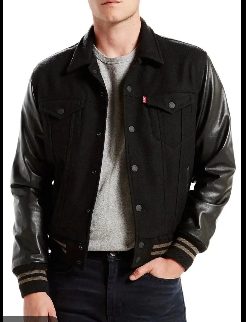 Levi’s x Thermore Men’s Black Wool Leather Sleeve Varsity Trucker Jacket XL