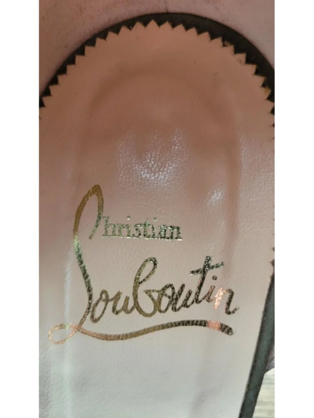 Christian Louboutin Rare Kitten Heels Brown Satin with Grey Leather Straps/Trim