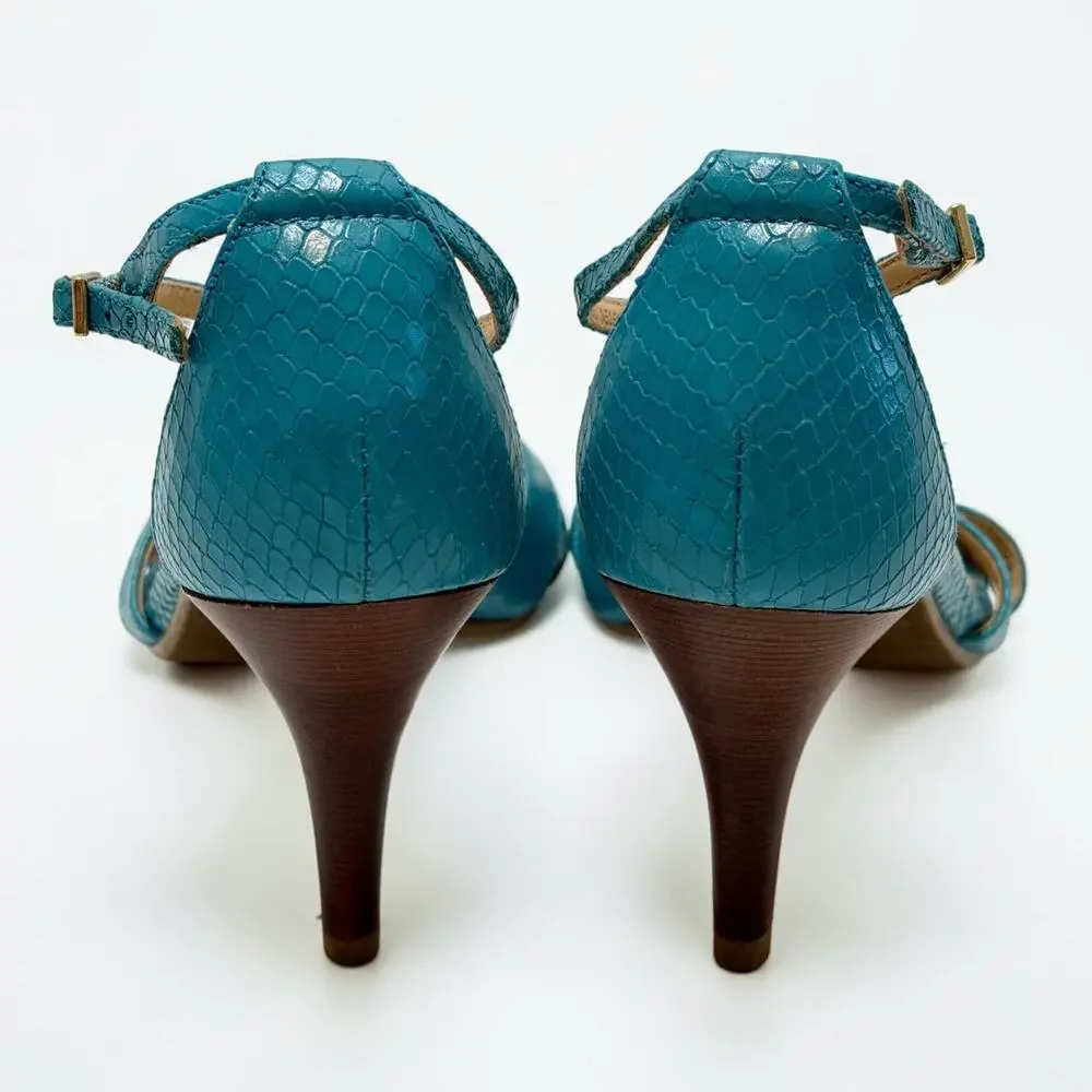 Talbots Lana Leather Sandals Sz 7M Peacock Teal Snakeskin Strappy 3