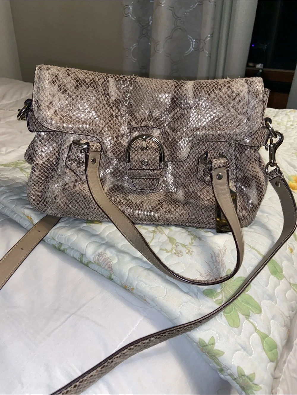 Coach Snake-Embossed Shoulder Bag in Taupe and Beige