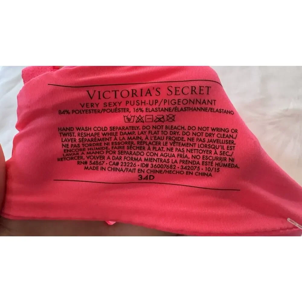 Victoria's Secret Very Sexy Push Up Bra 34D Neon Pink Underwire Padded