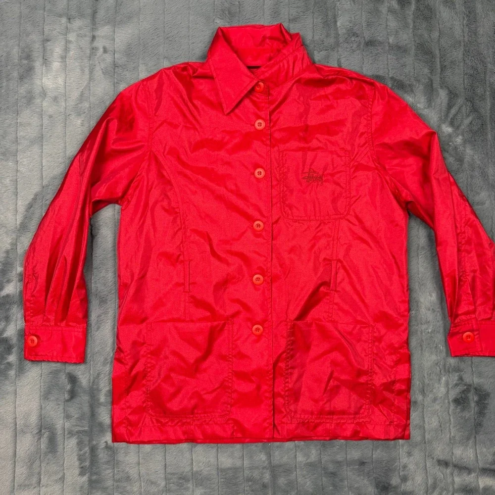 Stussy Red Nylon Button Up Coach Jacket Streetwear Mens XS RN94974