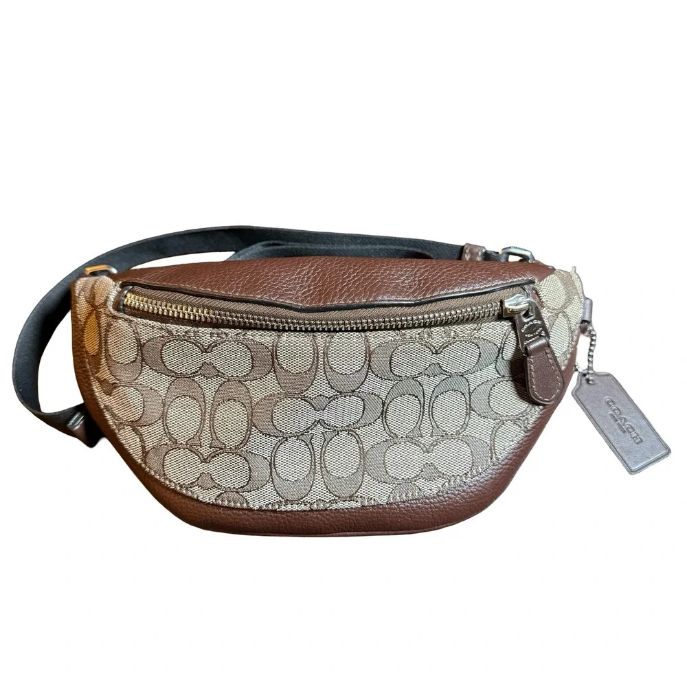COACH CT871 Warren Mini Belt Bag Signature Jacquard Oak Maple Brown Fanny Pack