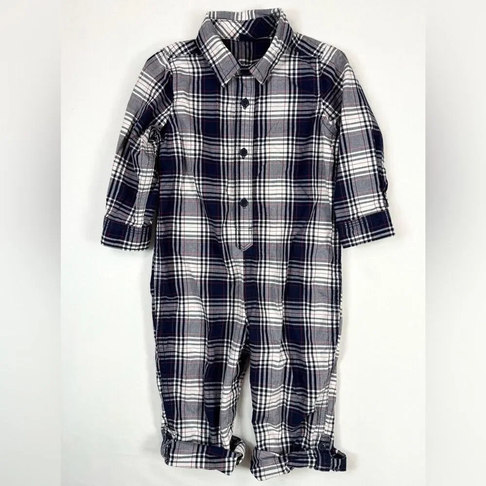 BABYGAP Baby Boys' Navy Blue Plaid Flannel Long Sleeve One‎ Piece Size 18-24M