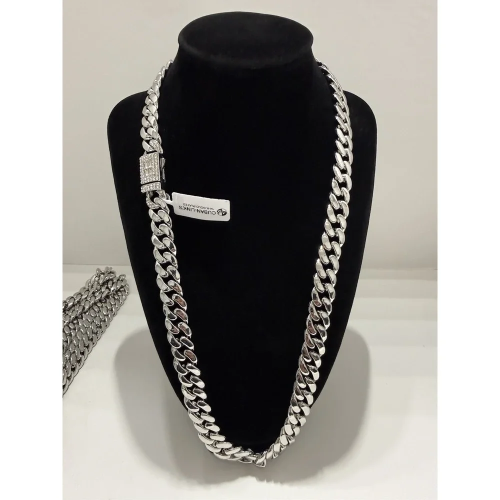 cuban chain iced out box lock 26 inch 12.5mm stainless steel water resistant