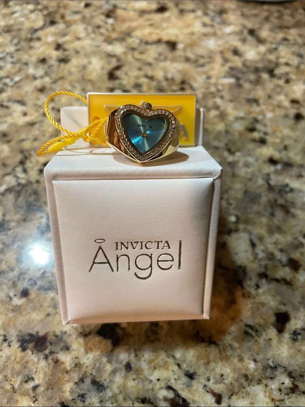 Invicta Gold Tone Heart Ring with Teal Dial and Crystal Accents